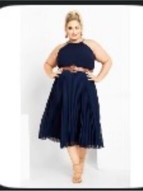 City Chic Navy Halter Midi Dress with Brown Belt